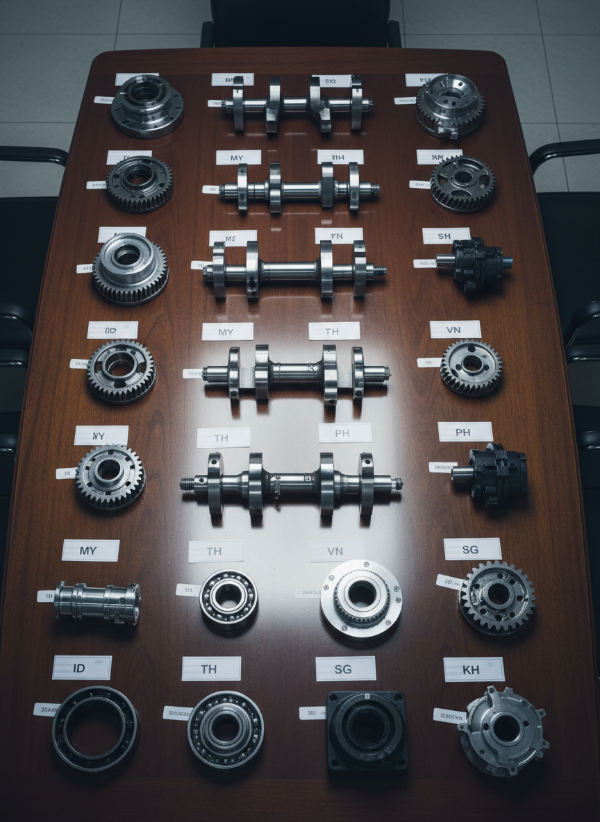 A polished conference table made of dark walnut wood seen from above, completely covered with neatly arranged automotive components and precision machinery parts. Shiny crankshafts, gear assemblies, bearings, and injection-molded housings form a structured grid, each labeled with small, minimalist country-of-origin tags from across Southeast Asia. Cool, diffused studio lighting eliminates harsh shadows, revealing fine machining lines and surface textures. Photographic realism with a clean, technical aesthetic, high resolution and sharp focus on every edge. The mood is analytical and data-driven, evoking a B2B catalog or market report cover for regional auto and machinery suppliers.