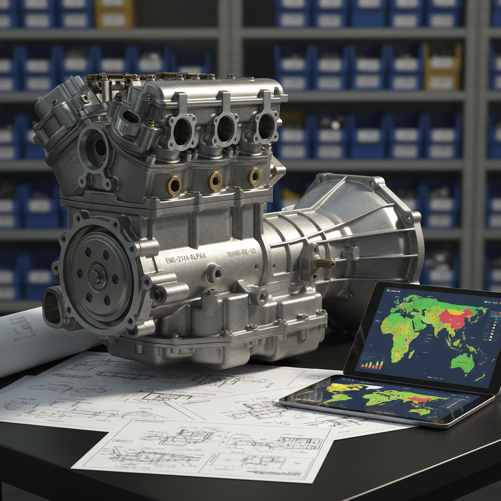 A close-up, high-detail view of a metallic engine block and transmission assembly resting on a matte-black inspection table, surrounded by open technical blueprints and a digital tablet displaying a color-coded market map of Southeast Asia. Soft, directional studio lighting from the left emphasizes the finely milled surfaces, embossed serial numbers, and varying metal finishes, casting precise shadows that reveal depth. The background falls into a gentle bokeh of blurred shelving with labeled part bins. Photographic realism with a professional, engineering-focused aesthetic. The mood is meticulous and expert, suggesting in-depth trade analysis and component sourcing intelligence.