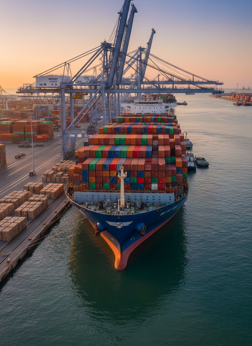 A glossy deep-blue cargo ship stacked with multicolored standardized containers, each marked with crisp Southeast Asian port codes, anchored in a busy deep-water harbor. Sleek steel cranes tower in the background, their arms extended over parallel loading bays and neat rows of export-ready pallets. Late afternoon sunlight creates a golden reflection on the calm water and subtle metallic highlights along the ship’s hull. Photographic realism with a clean, modern aesthetic, captured from a slightly elevated angle with sharp focus throughout. The mood is professional and forward-moving, emphasizing efficient regional trade flows and organized logistics networks.
