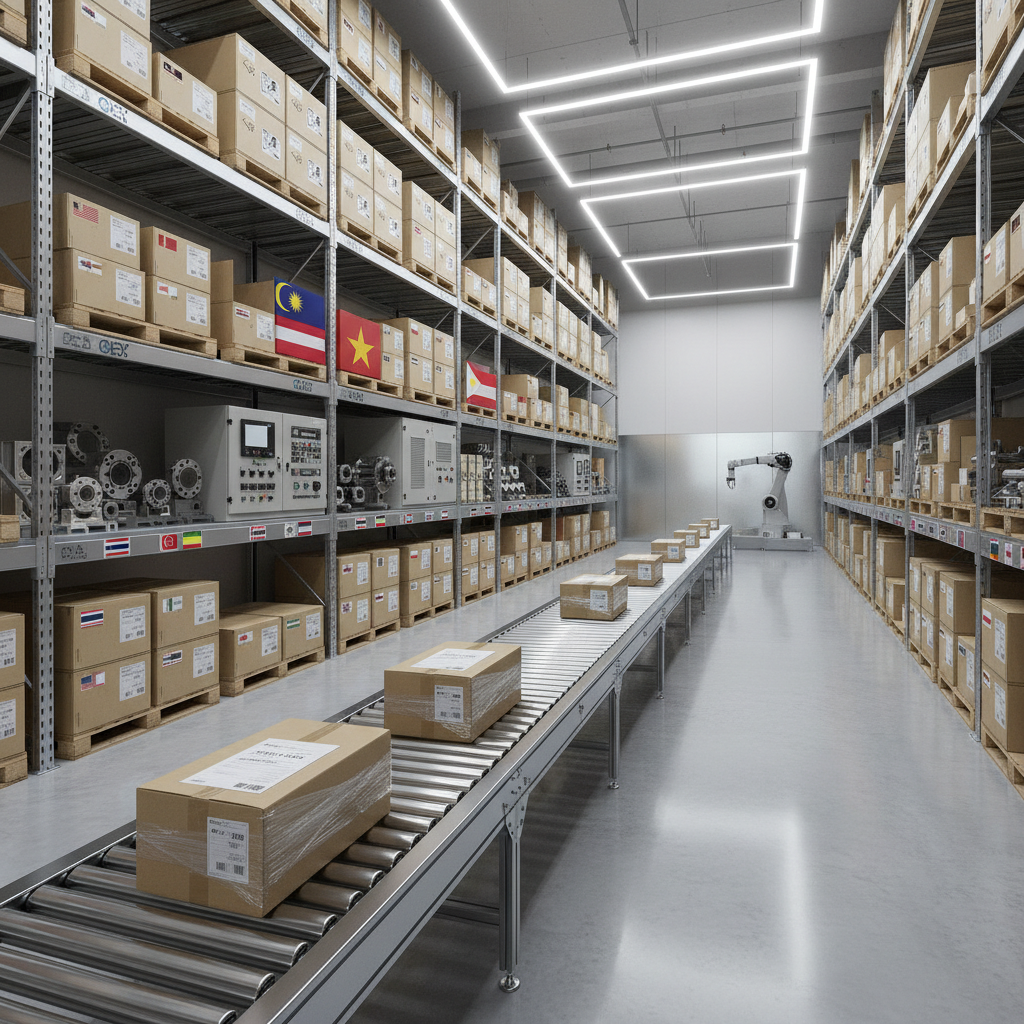 A bright, contemporary warehouse interior with tall racking systems filled with neatly boxed auto parts, CNC-machined components, and industrial equipment, all branded with various Southeast Asian flags and minimal logos. A central, waist-high conveyor belt runs diagonally through the frame, carrying uniformly packaged shipments with printed barcodes and export documentation visible on top. Cool overhead LED lighting creates even illumination and crisp reflections on the polished concrete floor. Shot at eye level in photographic realism, with strong linear perspective drawing the eye to a vanishing point. The mood is efficient, organized, and tech-forward, ideal for illustrating modern B2B supply chain operations.